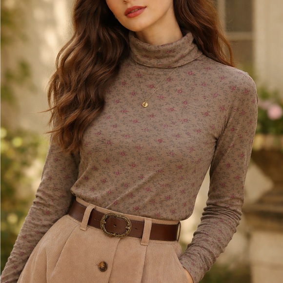 Vintage Tops - Vintage turtleneck “Northern Reflections”Taupe Top with Pink Floral Print xlarge